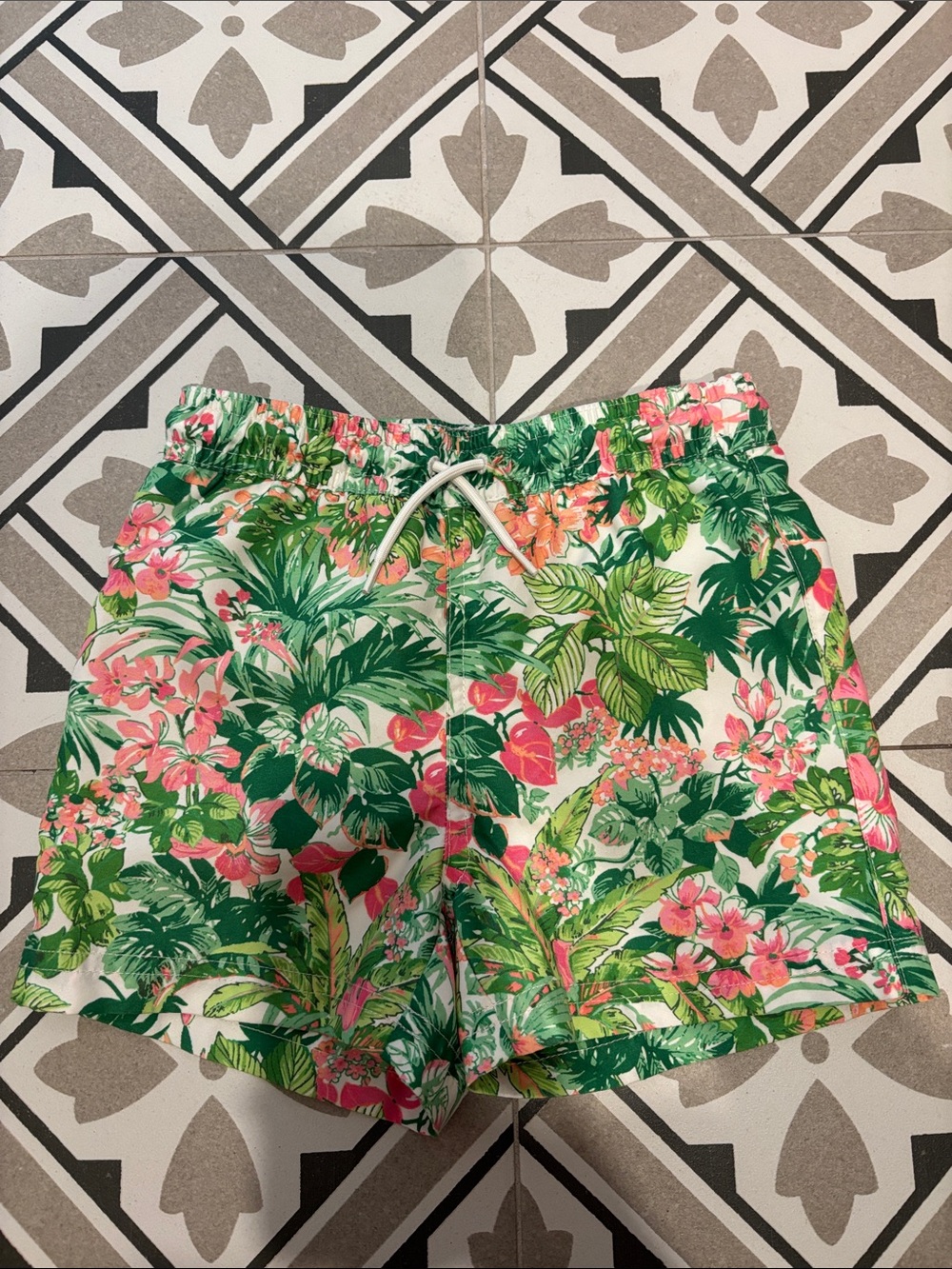 Janie & Jack- Tropical Floral Swim Trunks - Green/Pink